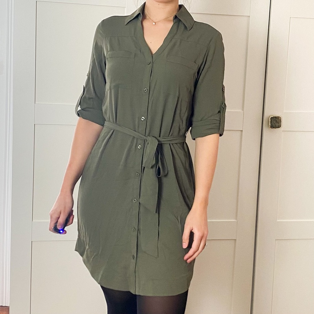 Express Olive Green Button Down Shirt Dress XS